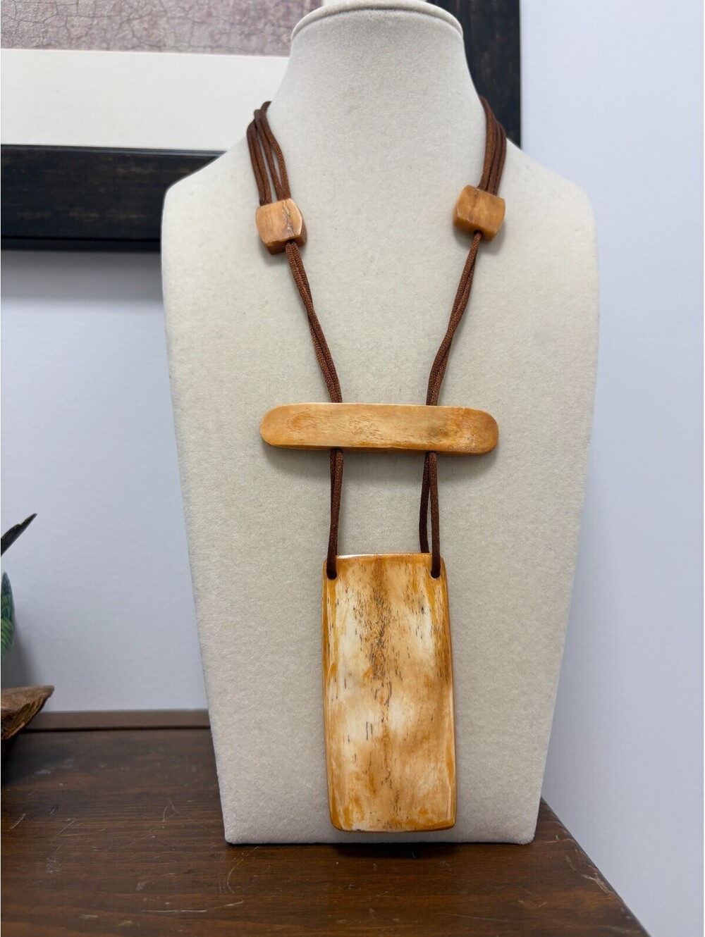 Vintage Chunky Geometric Bone Statement Necklace on Cord Boho Tribal Adjustable
